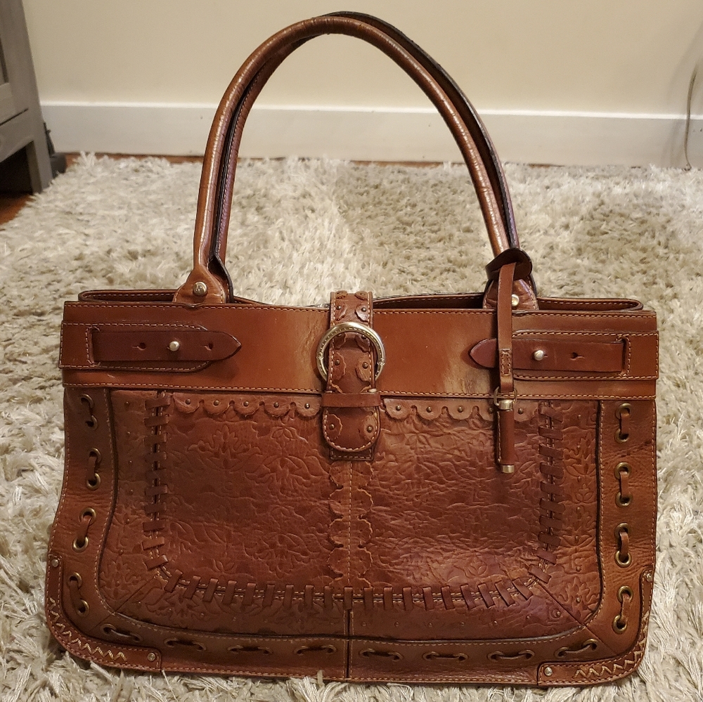 VTG Liz Claiborne Leather Shoulder Bag Woven Embossed Boho Brown